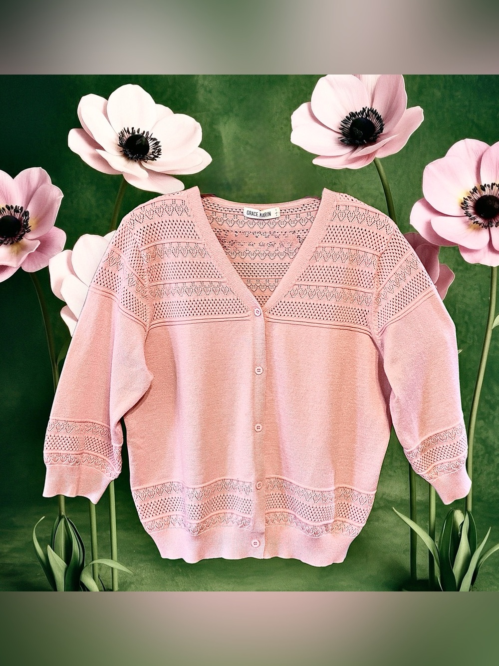 Grace Karin Women's 3/4 Sleeve Pointelle Knit Button Cardigan Pink Large